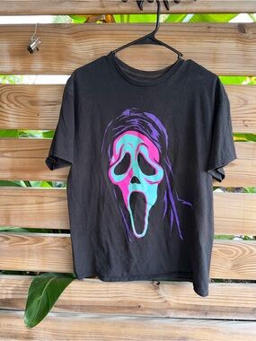 Black Graphic Tee with Neon Ghost Face